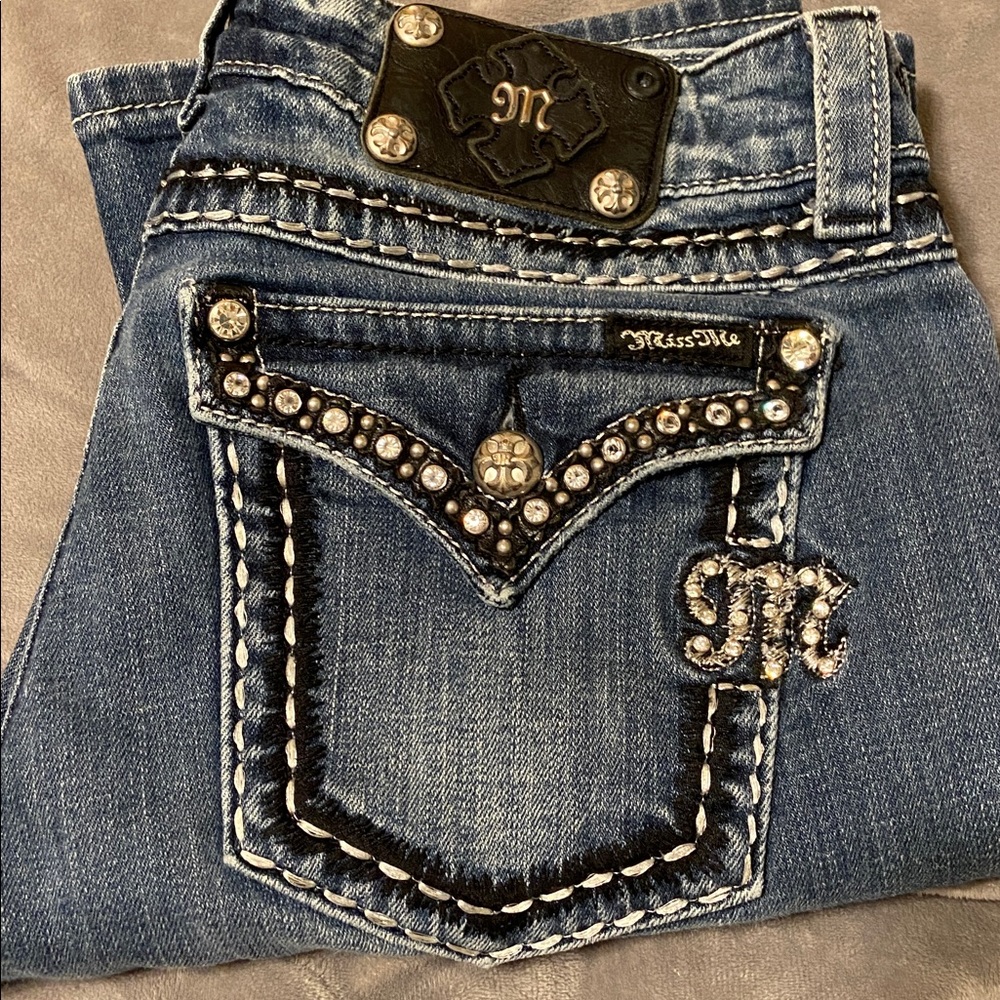 Miss Me 30 Easy Boot Embellished Distressed Blue Bootcut Jeans